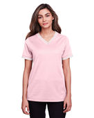 Devon & Jones Ladies' CrownLux Performance Plaited Tipped V-Neck Polo DG20CW PINK/ WHITE Pocket