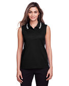 Devon & Jones Ladies' CrownLux Performance Plaited Tipped Sleeveless Polo DG20SW BLACK/ WHITE Pocket