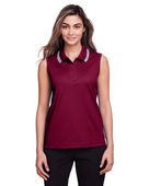 Devon & Jones Ladies' CrownLux Performance Plaited Tipped Sleeveless Polo DG20SW BURGUNDY/ WHITE Pocket