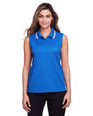 Devon & Jones Ladies' CrownLux Performance Plaited Tipped Sleeveless Polo DG20SW FRENCH BLU/ WHT Pocket