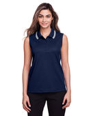 Devon & Jones Ladies' CrownLux Performance Plaited Tipped Sleeveless Polo DG20SW NAVY/ WHITE Pocket