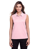 Devon & Jones Ladies' CrownLux Performance Plaited Tipped Sleeveless Polo DG20SW PINK/ WHITE Pocket