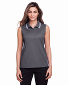 Devon & Jones Ladies' CrownLux Performance Plaited Tipped Sleeveless Polo DG20SW GRAPHITE/ WHITE Pocket