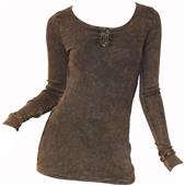 T Party Brown Crochet Lace Insert Long Sleeve Top