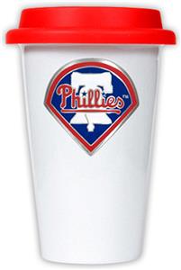 MLB Phillies 12oz Double Wall Ceramic Cup Red Lid