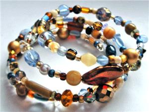 Blue/Bronze Czech Glass Bead Memory Wire Bracelet