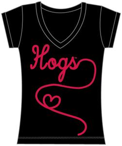 Arkansas Womens V-Neck Metallic Script Top