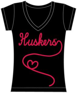 Nebraska Huskers Womens V-Neck Metallic Script Top