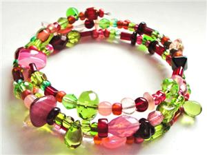 Pink/Lime/Red Glass Bead Memory Wire Bracelet