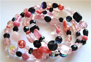 Pink/Black Glass Bead Memory Wire Bracelet
