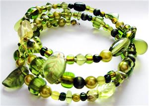 Foliage Green Glass Bead Memory Wire Bracelet