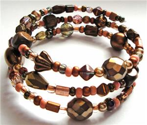 Coral Pink/Brown Glass Bead Memory Wire Bracelet