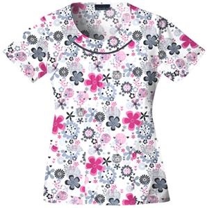 Cherokee Women's Basic Print Round Neck Scrub Tops