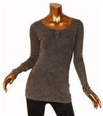 T Party Brown Crochet Lace Insert Long Sleeve Top
