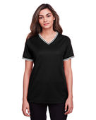 Devon & Jones Ladies' CrownLux Performance Plaited Tipped V-Neck Polo DG20CW BLACK/ WHITE Pocket