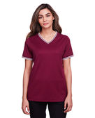 Devon & Jones Ladies' CrownLux Performance Plaited Tipped V-Neck Polo DG20CW BURGUNDY/ WHITE Pocket