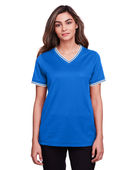 Devon & Jones Ladies' CrownLux Performance Plaited Tipped V-Neck Polo DG20CW FRENCH BLU/ WHT Pocket