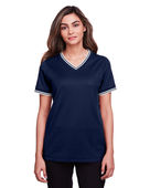 Devon & Jones Ladies' CrownLux Performance Plaited Tipped V-Neck Polo DG20CW NAVY/ WHITE Pocket