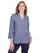 Devon & Jones Ladies' Crown Collection Stretch Pinpoint Chambray 3/4 Sleeve Blouse DG562W NAVY Pocket