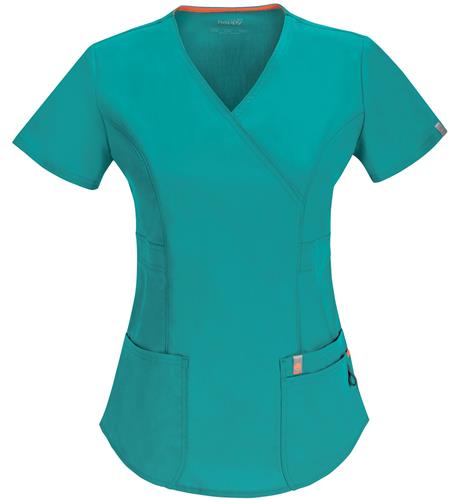 Code Happy Womens Bliss Mock Wrap Scrub Tops. Embroidery is available on this item.