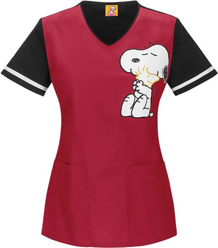 Tooniforms Womens Hug Me Snoopy Black Scrub Top. Embroidery is available on this item.