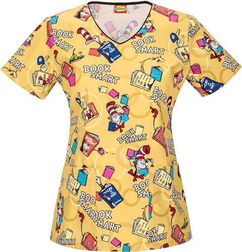 Tooniforms Women's Book Smart Scrub Top. Embroidery is available on this item.
