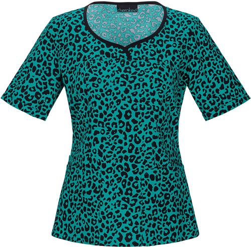 Tooniforms Womens Cheetah Teal V-Neck Scrub Top. Embroidery is available on this item.
