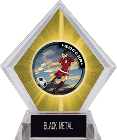 P.R. Female Soccer Yellow Diamond Ice Trophy. Engraving is available on this item.