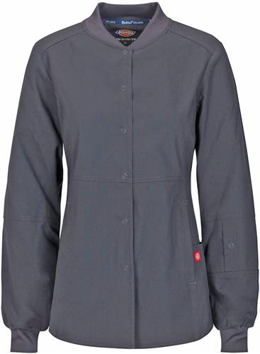 Dickies Women's Snap Front Warm-Up Scrub Jackets. Embroidery is available on this item.