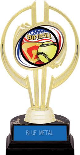 Awards Gold Hurricane 7" Americana Softball Trophy. Engraving is available on this item.