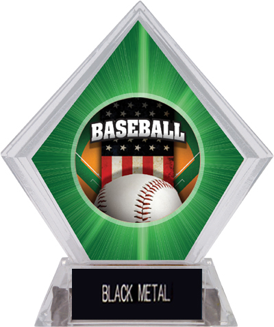 Awards Patriot Baseball Green Diamond Ice Trophy. Engraving is available on this item.