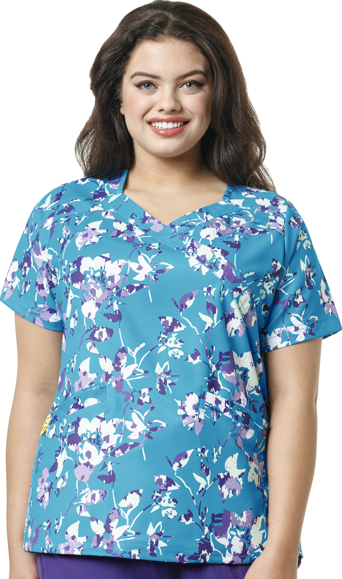 E121266 WonderWink Womens Plus Mock Wrap Print Scrub Top