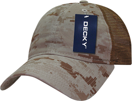 Decky Relaxed Camo Trucker Cap. Embroidery is available on this item.
