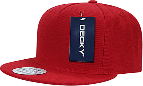 Decky FLAT Bill 5 Panel Acrylic Snapback Cap. Embroidery is available on this item.