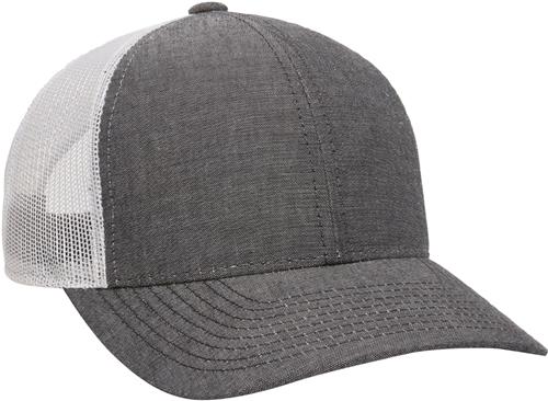 OC Sports Chambray Mesh Snap Back Cap. Embroidery is available on this item.