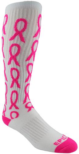 Breast Cancer White Repeating Ribbon Kneehigh/OTC Socks PAIR