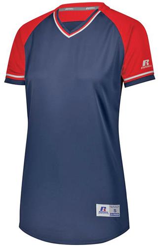 Russell Ladies Classic V-Neck Softball Jersey. Decorated in seven days or less.