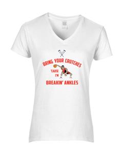 Epic Ladies Bring Crutches V-Neck Graphic T-Shirts. Free shipping.  Some exclusions apply.
