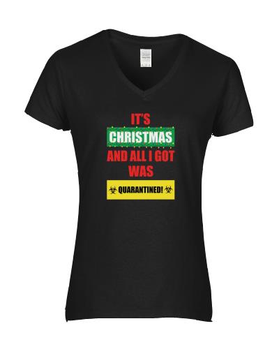 Epic Ladies Xmas Quarantined V-Neck Graphic T-Shirts. Free shipping.  Some exclusions apply.