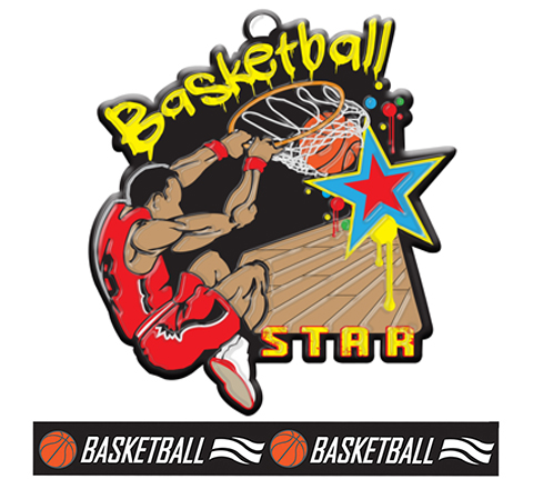Epic 2.75" Graffiti Star Black Basketball Award Medal & Ribbon
