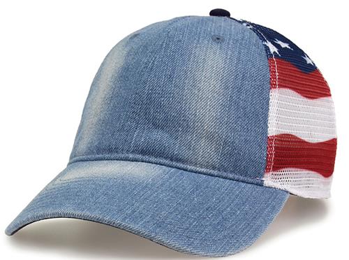 The Game Denim Flag Trucker Cap GB489. Embroidery is available on this item.