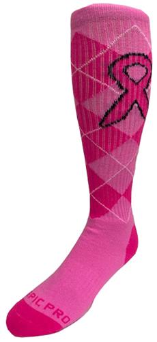 Over-The-Calf Breast Cancer Awareness Pink Argyle Knee High w/Pink Ribbon Socks PAIR