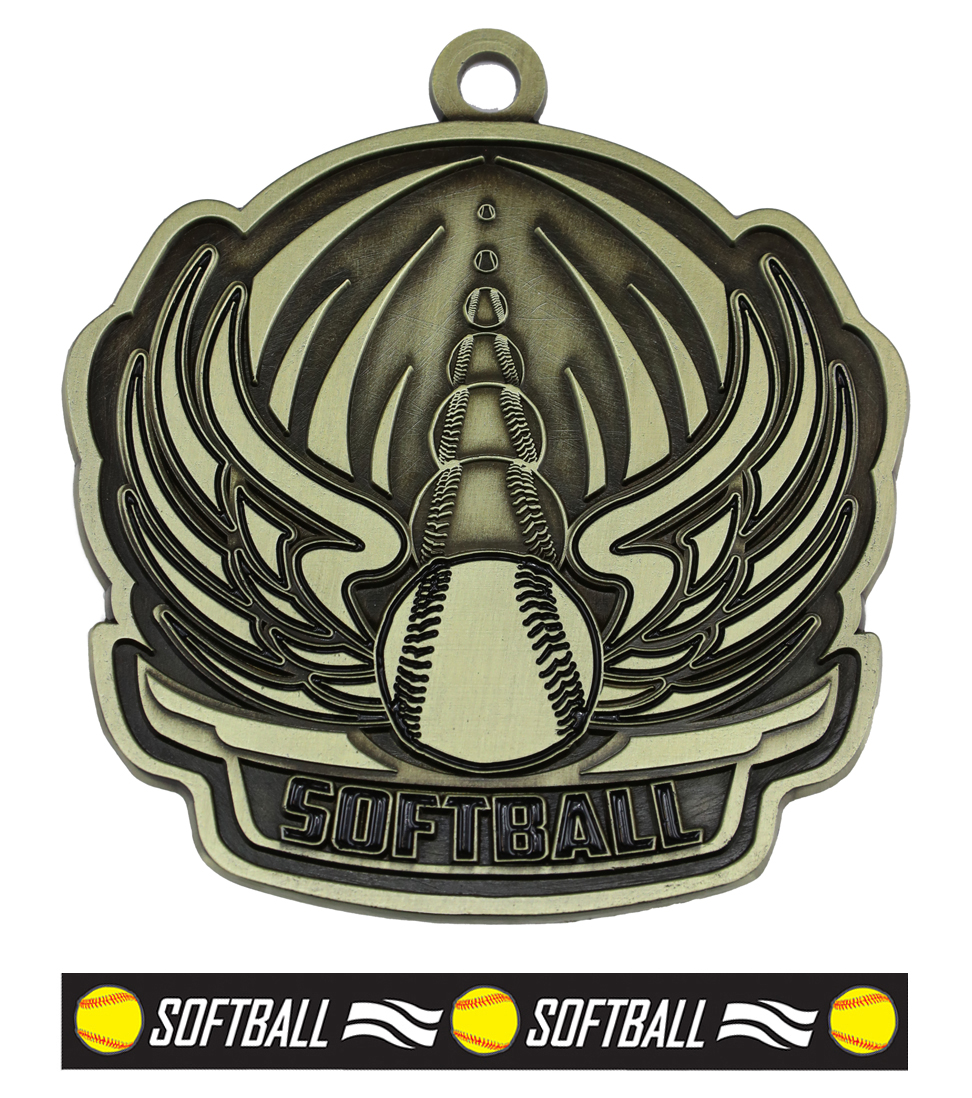 E171604 Epic 2.7" Sport Wings Antique Gold Softball Award Medal & Ribbon