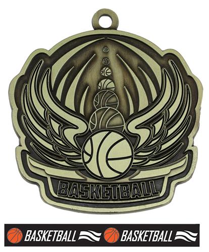 Epic 2.7" Sport Wing Antique Gold Basketball Award Medal & Ribbon