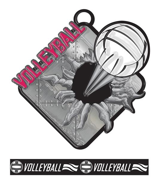 Epic 2.75 Bust Out Antique Silver Volleyball Award Medal & Ribbon