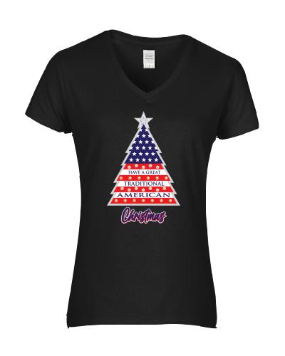 Epic Ladies American Christmas V-Neck Graphic T-Shirts. Free shipping.  Some exclusions apply.