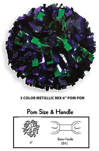 3 Color Mix Metallic Cheerleaders Poms 6"
