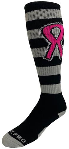 Breast Cancer Awareness Black Grey Hoop Pink Ribbon Kneehigh/OTC Socks PAIR
