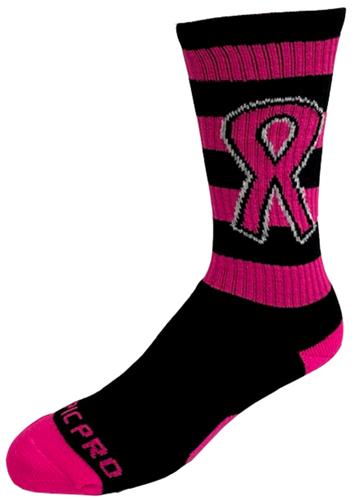 BREAST CANCER Awareness Black Pink Hoop Pink Ribbon Crew Socks PAIR