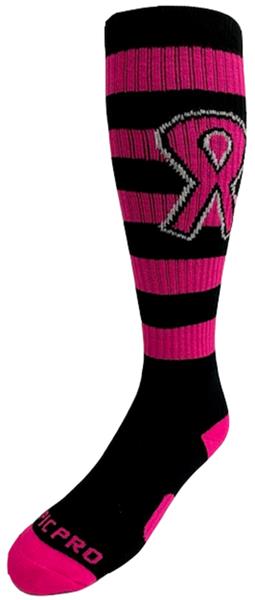 Over-The-Calf Breast Cancer Awareness Black Pink Hoop Pink Ribbon Knee High Socks PAIR